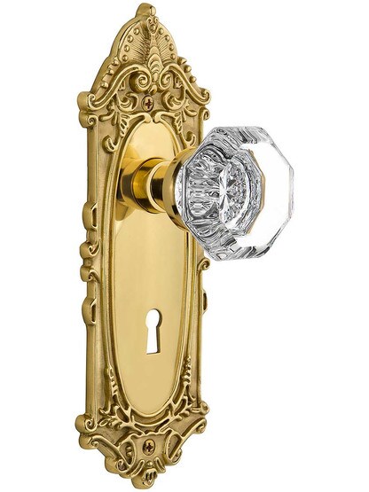 Largo Door Set with Waldorf-Crystal Glass Knobs and Keyhole - 2 3/8 in Polished Brass.